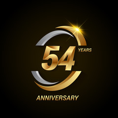 54 Years Anniversary Celebration Logotype. Golden Elegant Vector Illustration with Swoosh, Isolated on Black Background can be use for Celebration, Invitation, and Greeting card