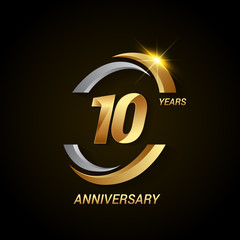 10 Years Anniversary Celebration Logotype. Golden Elegant Vector Illustration with Swoosh, Isolated on Black Background can be use for Celebration, Invitation, and Greeting card