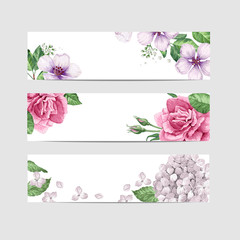 Floral banner template. Flowers in watercolor style isolated on white background.