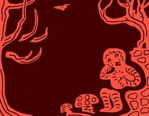 Man sits near tree in the forest. Vector illustration.