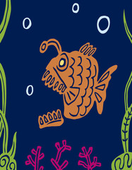 Cartoon carnivorous predatory fat fish. Vector graphics.