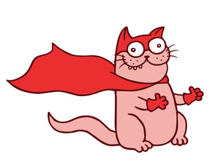 Funny superhero cat puts on the likes. Vector Illustration.