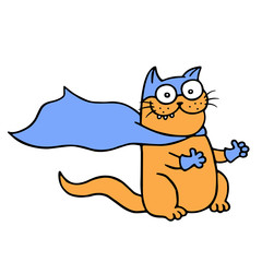 Cartoon orange super cat with two paws approves and shows thumbs-up. Isolated vector illustration.