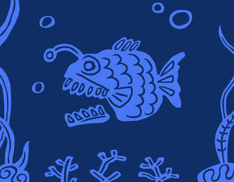 Fish angler on a blue background. Vector illustration.
