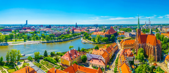 Aerial view of Wroclaw with church of our lady of the sand and church of the Holy Cross and St...