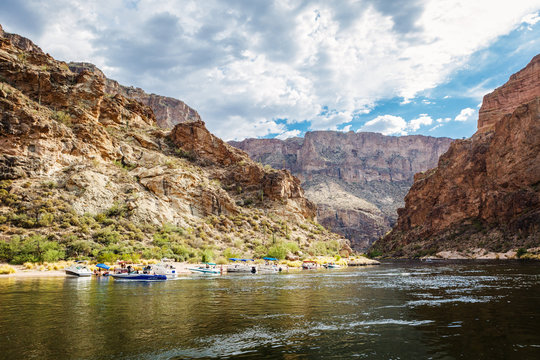 Party Boats Docked on Shore at Canyon Lake Arizona