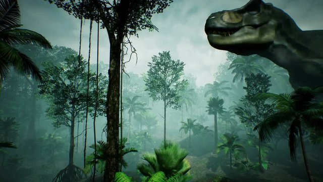 T Rex Tyrannosaur Dinosaur animation in jungle. realistic render. 4k.