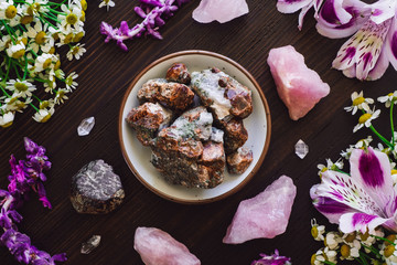 Garnet with Rose Quartz and Mixed Flowers