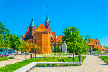 Church of Saint Marcin and statue of pope John Paul II at Wroclaw, poland