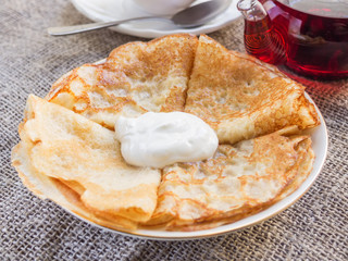 Plate with pancakes closeup