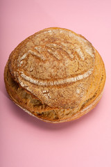 Sourdough homemade round white wheat bread close up