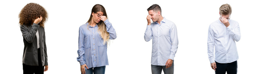 Team of business men and women tired rubbing nose and eyes feeling fatigue and headache. Stress and frustration concept.