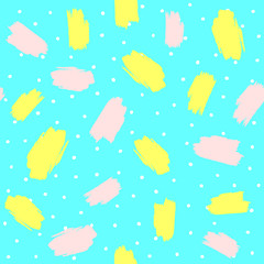 Repeated coloured brush strokes and irregular polka dot. Abstract seamless pattern drawn by hand. Grunge, sketch, watercolor, paint.