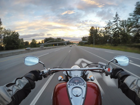 Riding A Motorcycle During A Vibrant Sunset. Taken In Surrey, Greater Vancouver, British Columbia, Canada.