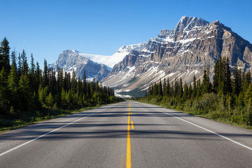 Scenic road in the Canadian Rockies during a vibrant sunny summer day. Taken in Icefields Parkway, Banff, Alberta, Canada.