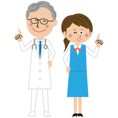 ポップな年を重ねた医者と受付の女性が指差し