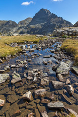 Amazing landscape of Orlovets peak and mountain river, Rila Mountain, Bulgaria