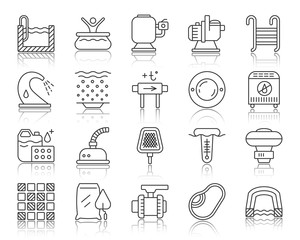 Pool Equipment simple black line icons vector set