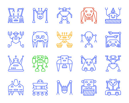 Robot simple color line icons vector set
