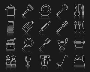 Kitchenware simple white line icons vector set