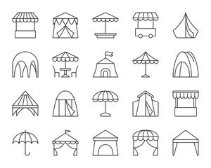 Tent simple black line icons vector set