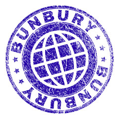 BUNBURY stamp print with distress texture. Blue vector rubber seal print of BUNBURY text with dust texture. Seal has words placed by circle and planet symbol.