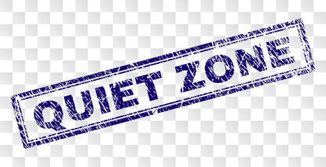 QUIET ZONE stamp seal print with grunge style and double framed rectangle shape. Stamp is placed on a transparent background. Blue vector rubber print of QUIET ZONE caption with grunge texture.