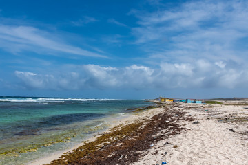 Fototapeta na wymiar Aruba view of windward coat with beach huts 
