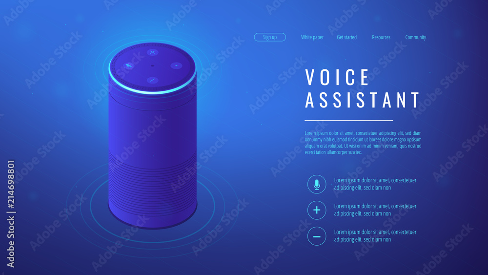 Poster isometric smart speaker with title voice assistant landing page. voice activated digital assistants 