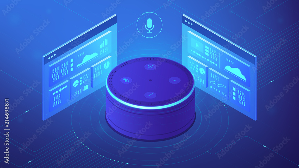 Poster isometric smart speaker and web pages. voice activated digital control for websites and mobile appli