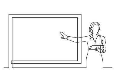 continuous line drawing of business presentation - business woman trainer pointing at screen