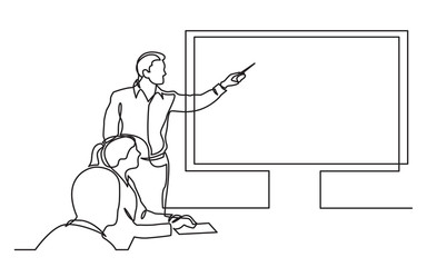 continuous line drawing of business presentation during team meeting