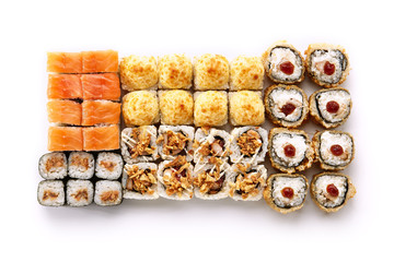 Big Set of Various Maki Sushi or Norimaki Rolles Top View