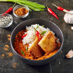 Hot Spicy Crispy Fried Chicken Fillet with Curry and Rice on Dark Background