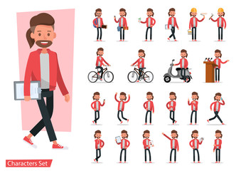 Set of men character vector design. Presentation in various action with emotions, running, standing, walking and working.