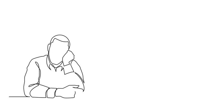 Self drawing animation of continuous line drawing of sad man sitting with decreasing graph