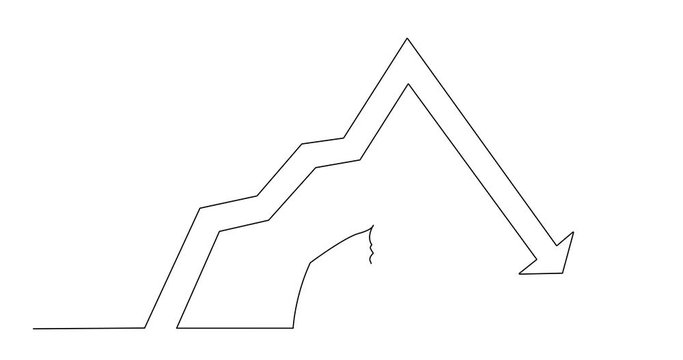 Self drawing animation of continuous line drawing of man analyzing decreasing graph