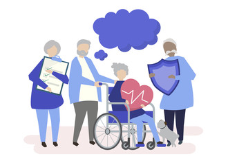 Characters of senior people holding healthcare icons illustration