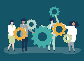 Characters of business people holding cogwheels illustration