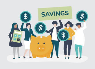Diverse group of people and savings concept illustration