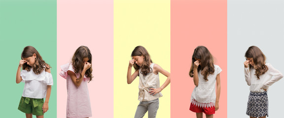 Collage of brunette hispanic girl wearing different outfits tired rubbing nose and eyes feeling fatigue and headache. Stress and frustration concept. © Krakenimages.com