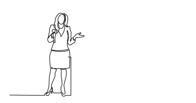 Animation of continuous line drawing of business presentation - business coach standing behind podium and screen