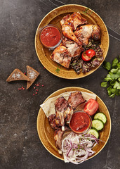 Set of Smoked Grilled BBQ Meat, Fish and Vegetables Top View