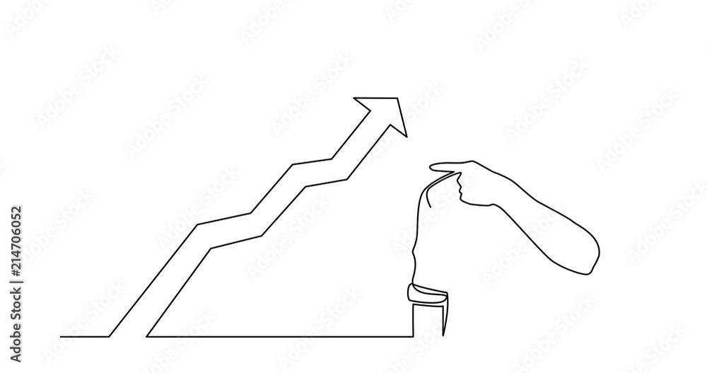 Poster self drawing animation of continuous line drawing of man showing with his finger at increasing graph
