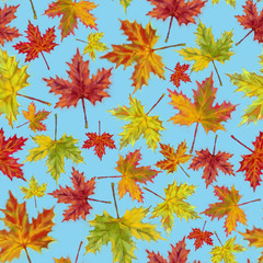 Autumn Maple Foliage Seamless Pattern on Lime Background.  Watercolor Botanical Rapport for Print, Background,  Gift Wrap, and Textile.