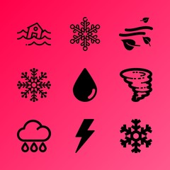 Vector icon set about weather with 9 icons related to waterfall, engineering, destruction, petal, electronic, decorative, merry, lotus, new and clouds