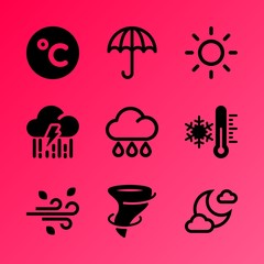 Vector icon set about weather with 9 icons related to shock, cumulus, isolated, background, cosmos, fast, group, mercury, sun and minus