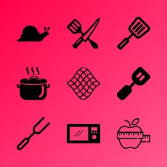 Vector icon set about kitchen with 9 icons related to equipment, background, red, playing, texture, indoor, connection, cooker, casserole and portrait