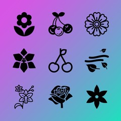 Vector icon set about flowers with 9 icons related to clipping, burn, yellow, romantic, lotus, bright, food, spa, winter and element