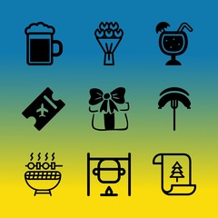 Vector icon set about birthday party with 9 icons related to cook, oktoberfest, pint, eat, abstract, bright, blooming, grilling, fat and new